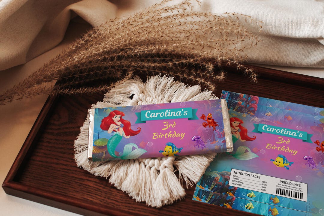 Little Mermaid Birthday Candy Bar Wrapper, Editable Ariel Chocolate ...