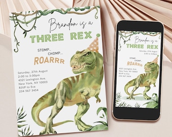 Three Rex Birthday Invitation | Dinosaur Party Invite (Digital Download)