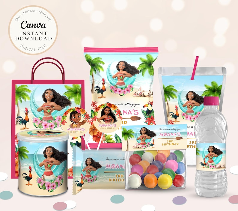 Moana Themed Party Bundle, Editable Party Bundle, Personalized Birthday Printables Party Package Party Kit DIGITAL FILE ONLY, Template, B005