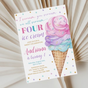 Editable Ice Cream Birthday Invitation 4th Birthday Party Here&#39;s the Scoop Cone Pink Mint Gold Purple Printable Editable Download, B332