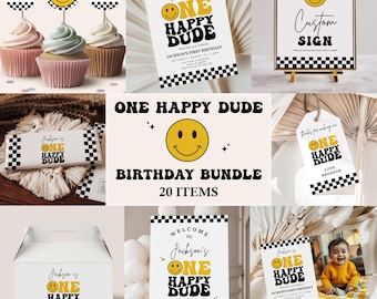 One Happy Dude Birthday Invitation Bundle, Retro Smiley Face (Printable)