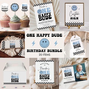 One Happy Dude 1st Birthday Bundle with Customizable Invitations, Milestones, Baby blue Decorations, Modern Smiley Face 1st Birthday, B498