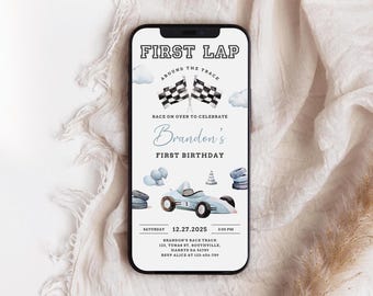 Vintage Race Car First Birthday Invitation (Mobile Evite)