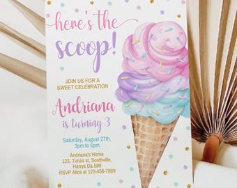 Pastel Ice Cream Birthday Invitation, Girl Party (Digital Download)