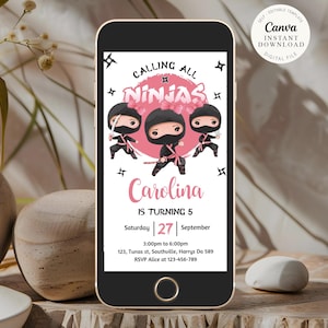 Editable Girl Ninja Birthday Party Invitation Pink Karate Birthday Warrior Party Martial Arts Ninja Party Instant Download Phone Evite, B356
