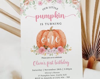 Little Pumpkin First Birthday Invitation, Girl Pink Floral (Editable, Printable)
