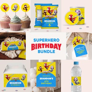 Superheldenchipzakje, Spidey-feestgunsten, verjaardag superheld, superhelddecor cupcake, Rice Krispies, Spidey Hershey, Pringles-label, enz. B149