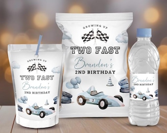 May include: A set of party favor labels featuring a blue race car, checkered flags, and balloons. The labels say "Growing Up Two Fast Brandon's 2nd Birthday".
