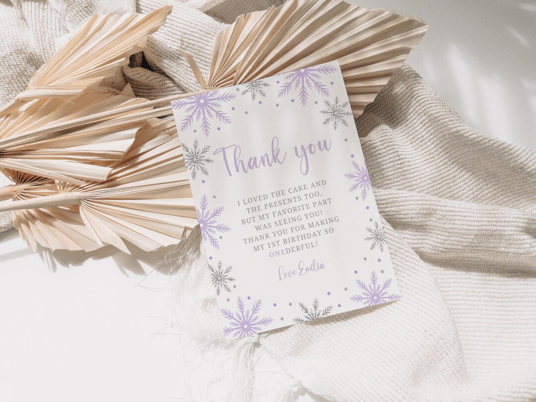 Editable Winter Onederland Thank You Card Girl Snowflake First Birthday ...