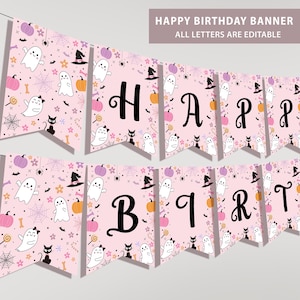 Alles Gute zum Geburtstag Banner Halloween Geburtstagsbanner Pink Geist Geburtstagsparty Halloween Dekor Mädchen Pink 1 bearbeitbar Druckbare Download, B371