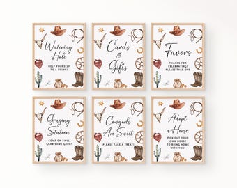 Modello modificabile per cartello da tavolo per festa di compleanno del primo rodeo, cartello da cowboy con cibo western, B360