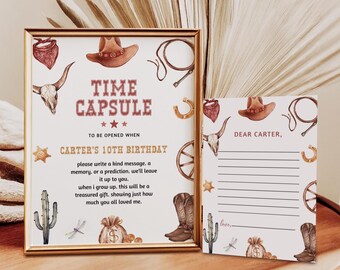 May include: A printable time capsule card with a western theme. The card has a cowboy hat, a skull, a horseshoe, a wagon wheel, a cactus, and a lasso. The text on the card says "Time Capsule" and "Carter's 10th Birthday". There is a separate card with lines for writing a message to Carter.