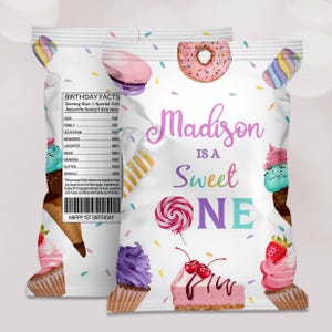 Sweet One Birthday Chip bag Pastel Sweets Party Donut Candy Ice cream Cupcake 1st Birthday Dessert Favor Editable Printable Download, B165