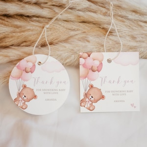 Bomboniere modificabili per baby shower con orsetto di peluche, bomboniere per baby shower con orsetto, tag di ringraziamento, tag regalo, palloncini per bambina, modello per tag regalo da scaricare in formato digitale B324
