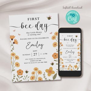 First Bee Day Invitation First Birthday Evite Cute Bee Birthday Invite Baby's First Birthday Invitation Template Digital Instant Download