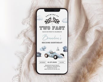 Invitación de cumpleaños rápida TWO, coche de carreras clásico (descarga digital)