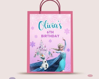 Editable Frozen Theme Gift Bag Labels, Elsa Birthday Party favor Bag label Template, B091