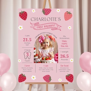 Enseigne d'affiche modifiable pour le premier anniversaire des baies, panneau d'orientation pour le premier anniversaire des baies, modèle de plaque d'étape aux fraises, toile