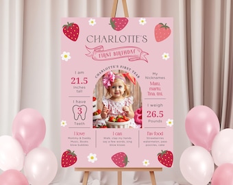 Berry First Birthday Milestone Poster, Strawberry Sign (Canva Editable, Digital Download)