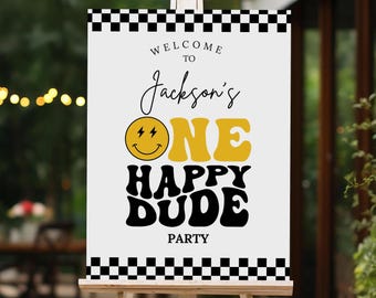 Cartel de bienvenida para el primer cumpleaños de "One Happy Dude", póster editable (descarga digital)