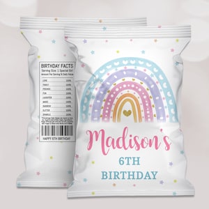Rainbow chips bag, pink purple pastel chip pouch, Rainbow Birthday, any age girl party snacks wrapper, Party Favors editable printable, B222