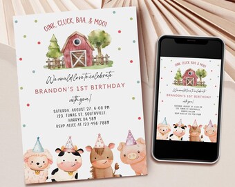 Farm Animals 1st Birthday Invitation, Barnyard Confetti (Download Template)