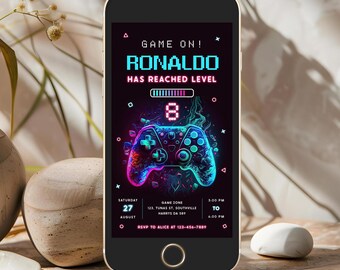 Neon Video Game Birthday Invitation, Level Up, Arcade Party (Digital Evite)