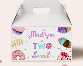 Two Sweet Birthday Gable Box Label, Ice Cream Donut Candy, Editable Printable (Digital Download)