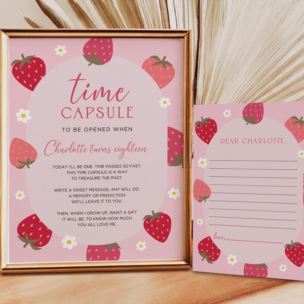 Berry First Birthday Time Capsule Sign, Strawberry Party Decor (Editable Printable)