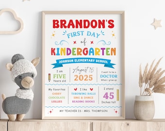 May include: A colorful first day of kindergarten sign with the name Brandon. The sign includes details like age, favorite activities, and height. The sign is framed and ready to hang.
