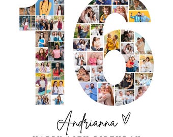 May include: A photo collage in the shape of the number 16, made up of many smaller photos of people. The text "Andrianna" with a heart symbol is below the number, and the text "Happy 16th Birthday" is below that. The date "March 27th 20XX" is at the bottom.