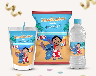 Recuerdos de fiesta editables de Lilo y Stitch, decoraciones de cumpleaños para niñas (descarga instantánea)