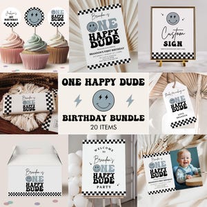 One Happy Dude 1st Birthday Bundle with Customizable Invitations, Milestones, and Decorations, Modern Smiley Face 1st Birthday, B411