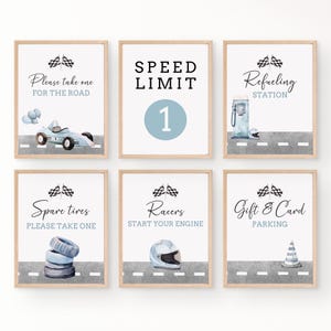 Bearbeitbares Racing Party Schilder Bundle, erste Runde um die Strecke Fast One Geburtstag Blau Tischdekoration Rennauto 1
