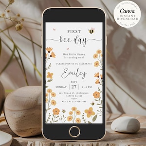 Biene 1. Geburtstag Einladungsvorlage, Biene erste Geburtstagseinladung, 1st Bee Day, Telefon Biene Geburtstag einladen, glücklicher Biene Tag, Evite digital
