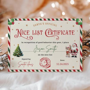 Certificato di lista dei buoni modificabile, documento ufficiale di Babbo Natale, certificato di lista dei buoni per ragazze e ragazzi, modello di download immediato, Canva