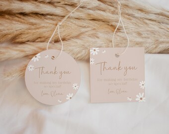 May include: Two beige gift tags, one round and one square, with the text "Thank you" and floral accents. The tags also include the text "for making my birthday so special! Love, Olivia."