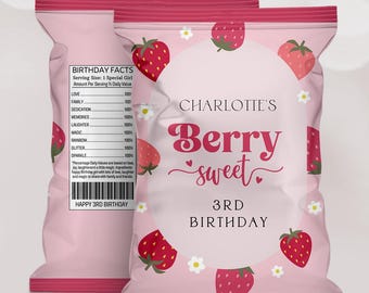 May include: Pink and white chip bag with a strawberry design. The bag says "Charlotte's Berry Sweet 3rd Birthday".