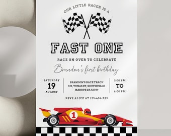 Fast One Race Car 1st Birthday Invitation, Editable Printable (Canva)