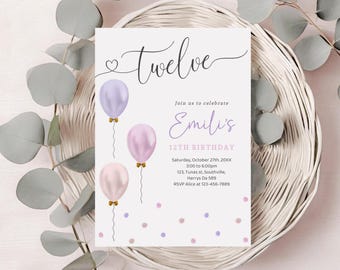 May include: A birthday invitation with a purple and pink color scheme. The invitation features the word "twelve" in cursive script, followed by the text "Join us to celebrate Emili's 12th Birthday". The invitation also includes a date, time, address, and RSVP information.