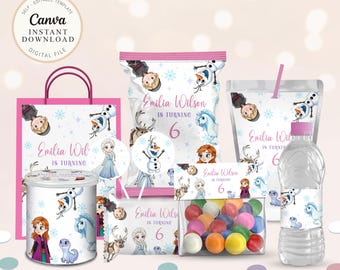 Pacchetto di materiali stampabili personalizzabili per feste di compleanno a tema Frozen / Elsa (digitali)