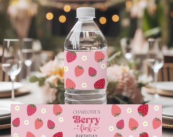 Berry First Birthday Water Bottle Labels, Editable Personalized Strawberry Birthday Decor, Berry First Birthday Printable, B408