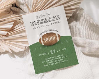 May include: Green and white football-themed birthday party invitation for a boy turning three. It's Game Time! Emerson is turning three. Join us at kick off. August 27, 3-6 PM. Brandon Stadium, 123 Tunas St, Southville, Harrys DA 56789. RSVP Alice at 123-456-789.
