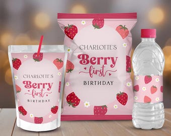 Berry First Birthday Party Favors: Editable Chip Bag, Water Bottle, Capri Sun Labels (Digital Download)
