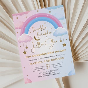 Twinkle Twinkle Little Star Gender Reveal Invitation, Gold Moon and Stars Gender Reveal Party Invite Template, He Or She, Boy Or Girl, B368