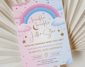 Twinkle Star Gender Reveal Invitation, Gold Moon (Editable Template)