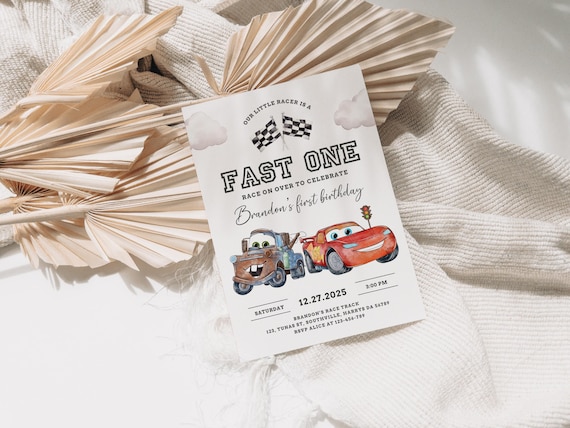 Cars Birthday Invitation, Fast One, Lightning McQueen Invitation, Kids First Birthday Invite, Digital Invitation, Canva Editable Evite, B623