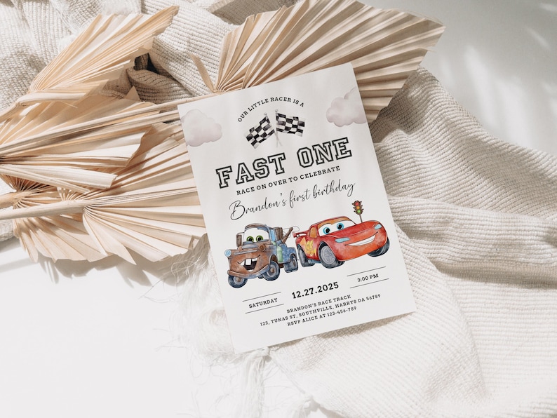 Cars Birthday Invitation, Fast One, Lightning McQueen Invitation, Kids First Birthday Invite, Digital Invitation, Canva Editable Evite, B623