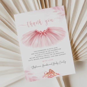 Modello di biglietto di ringraziamento per baby shower con ballerina, ballerina con tutù e entusiasmo per baby shower, ballerina rosa, biglietto di ringraziamento per balletto, B380
