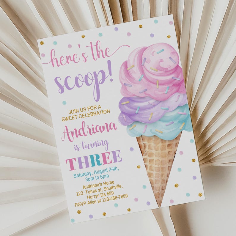 Ice Cream Birthday Invitation Ice cream social Party Here's the Scoop Pink Mint Purple Girl Birthday Printable Editable Download